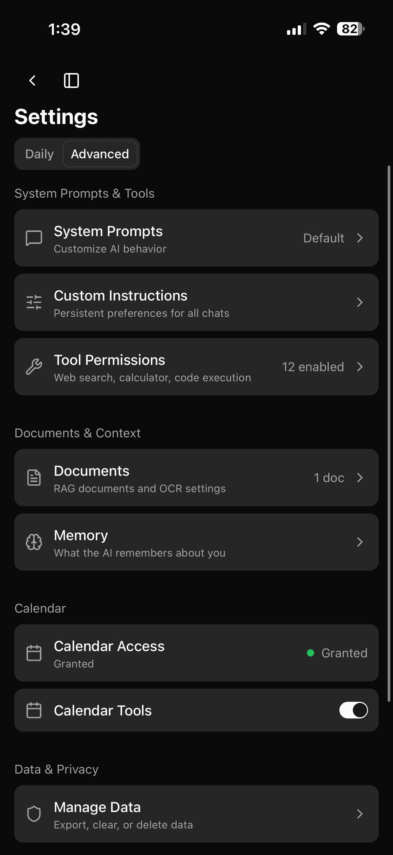 N.O.V.A. Settings · Advanced with 12 tool permissions, Documents + OCR, Memory, Calendar access granted